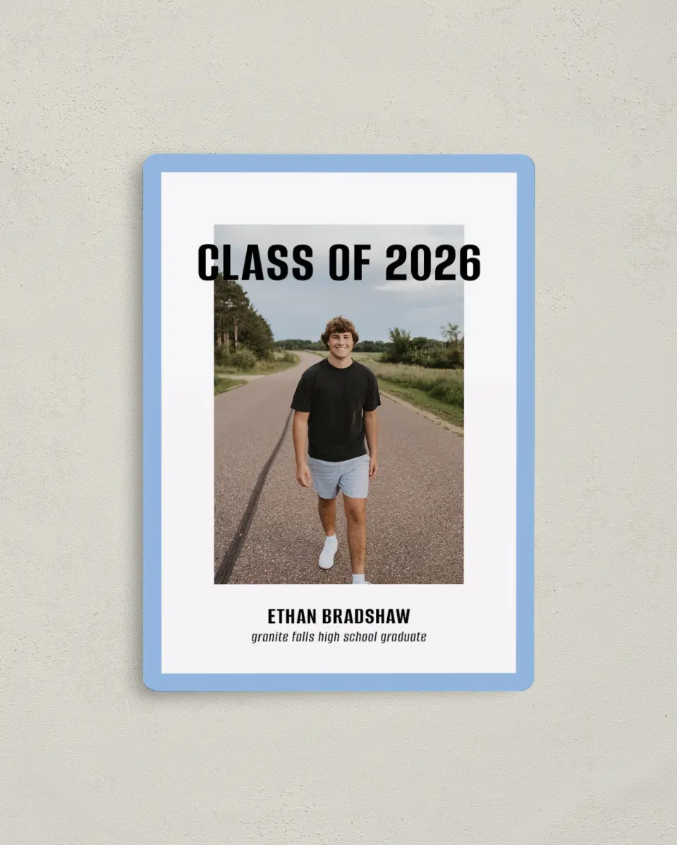 This is a 4" x 5½" Graduation Announcement Magnet called Clean Cut printed in full color with a Luxe Satin finish