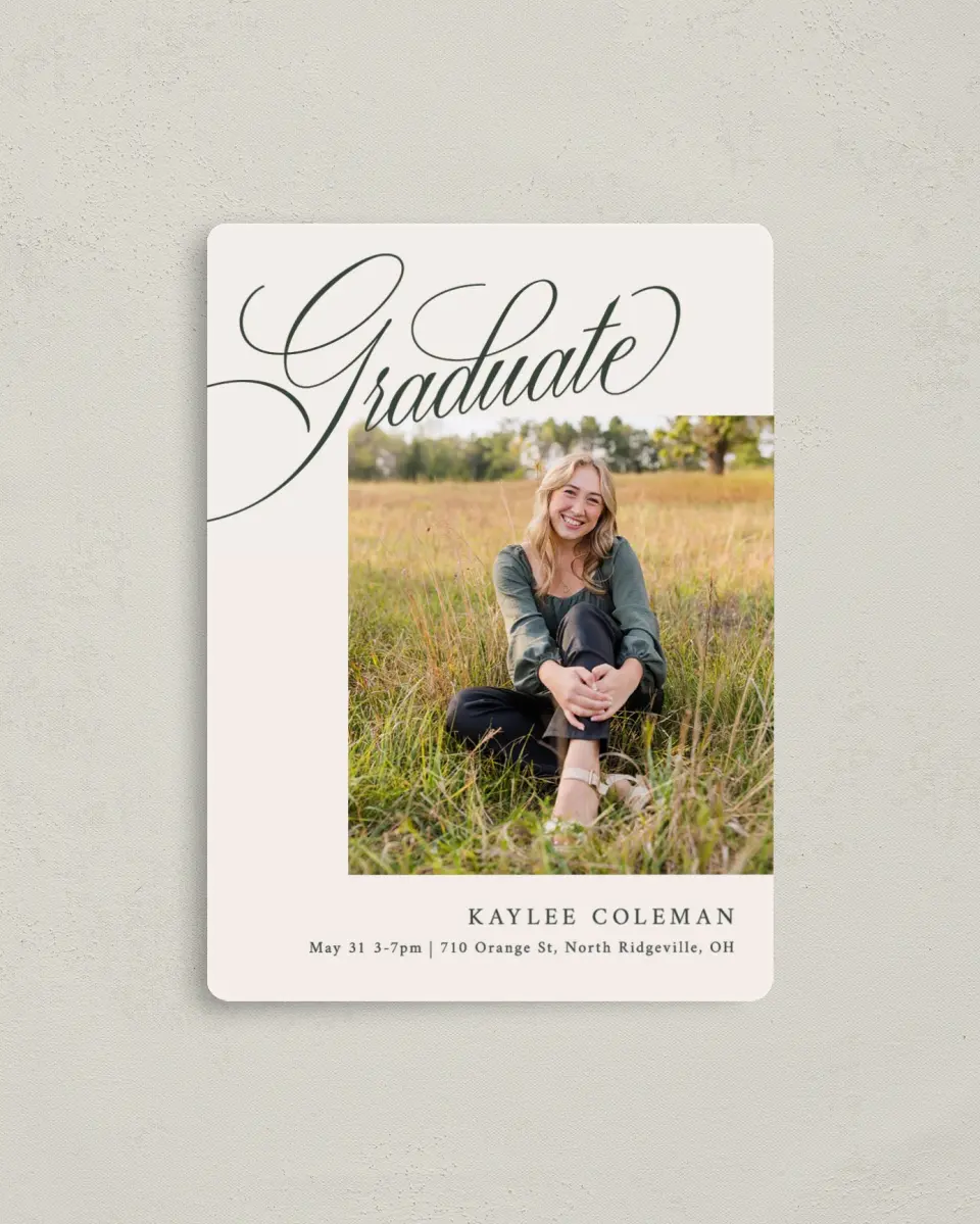 This is a 4" x 5½" Graduation Announcement Magnet called Grand Flourish printed in full color with Gold foil and a Luxe Satin finish