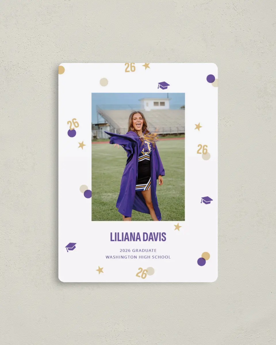 This is a 4" x 5½" Graduation Announcement Magnet called Confetti Toss printed in full color with Gold foil and a Luxe Satin finish