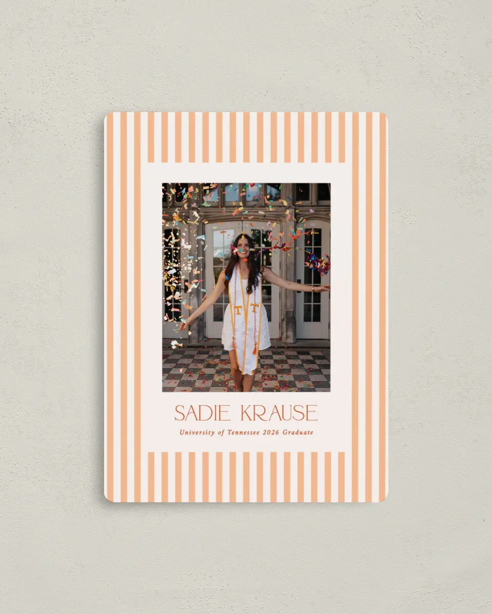 This is a 4" x 5½" Graduation Announcement Magnet called Senior Stripes printed in full color with Gold foil and a Luxe Satin finish