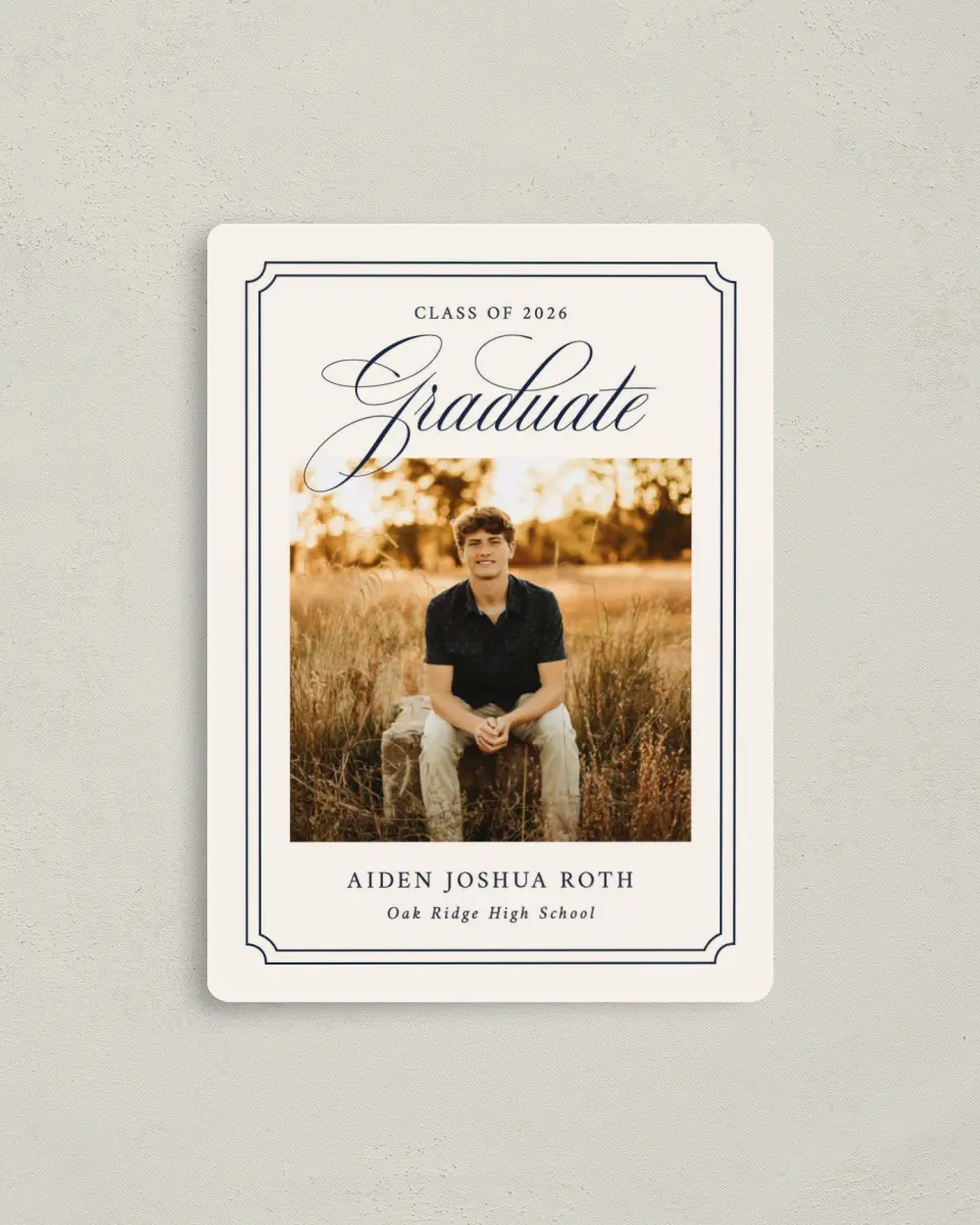 This is a 4" x 5½" Graduation Announcement Magnet called Formal Frame printed in full color with Gold foil and a Luxe Satin finish