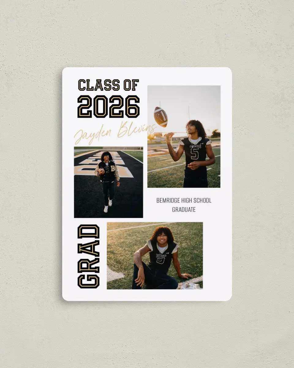 This is a 4" x 5½" Graduation Announcement Magnet called Varsity Vibes printed in full color with Gold foil and a Luxe Satin finish