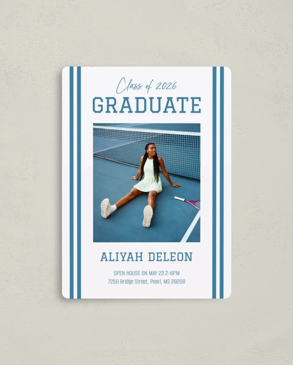 This is a 4" x 5½" Graduation Announcement Magnet called Varsity Stripes printed in full color with Gold foil and a Luxe Satin finish