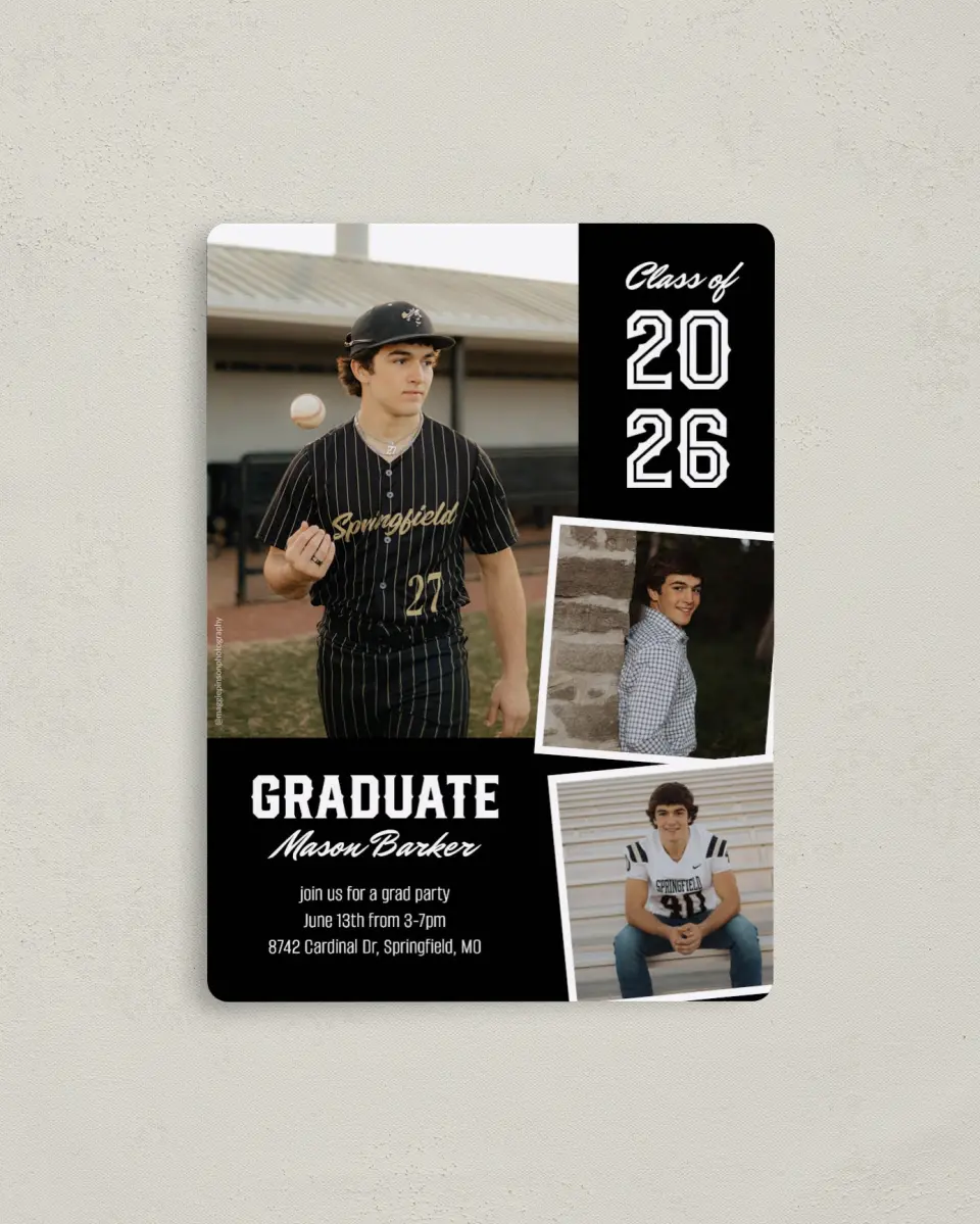 This is a 4" x 5½" Graduation Announcement Magnet called All-Star Athlete printed in full color with a Luxe Satin finish
