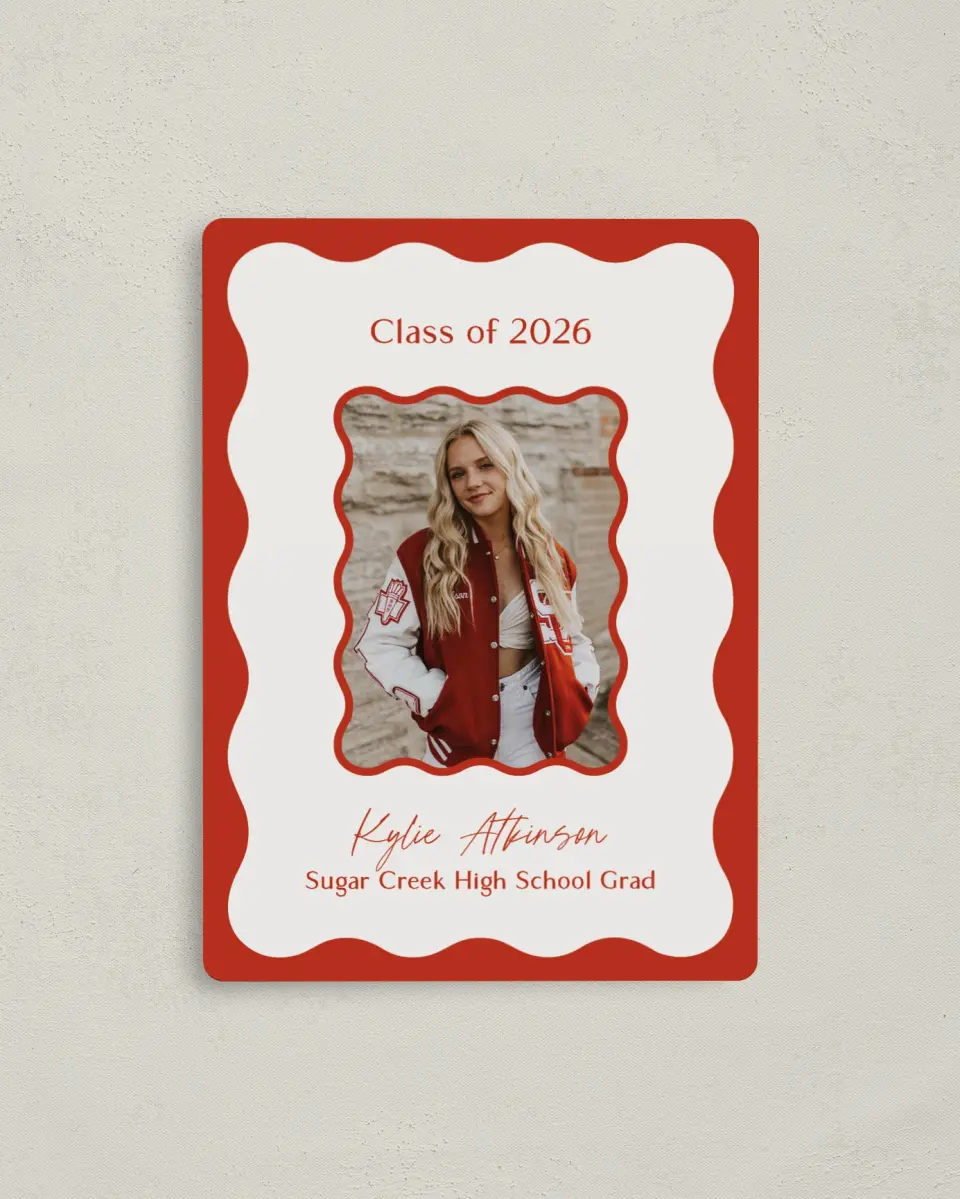 This is a 4" x 5½" Graduation Announcement Magnet called Unwavering Spirit printed in full color with Gold foil and a Luxe Satin finish
