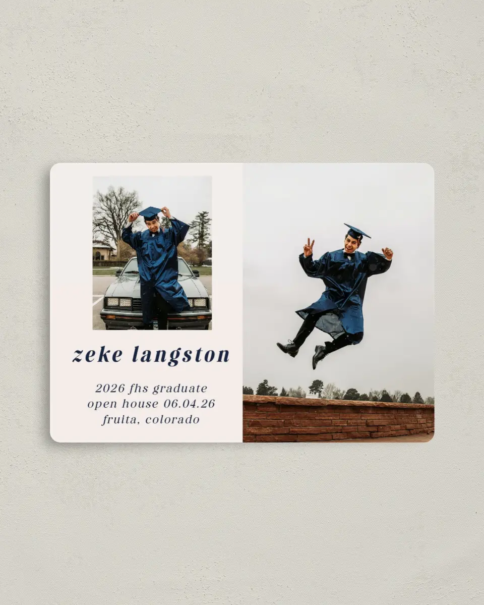 This is a 4" x 5½" Graduation Announcement Magnet called Jumping Jubilee printed in full color with a Luxe Satin finish