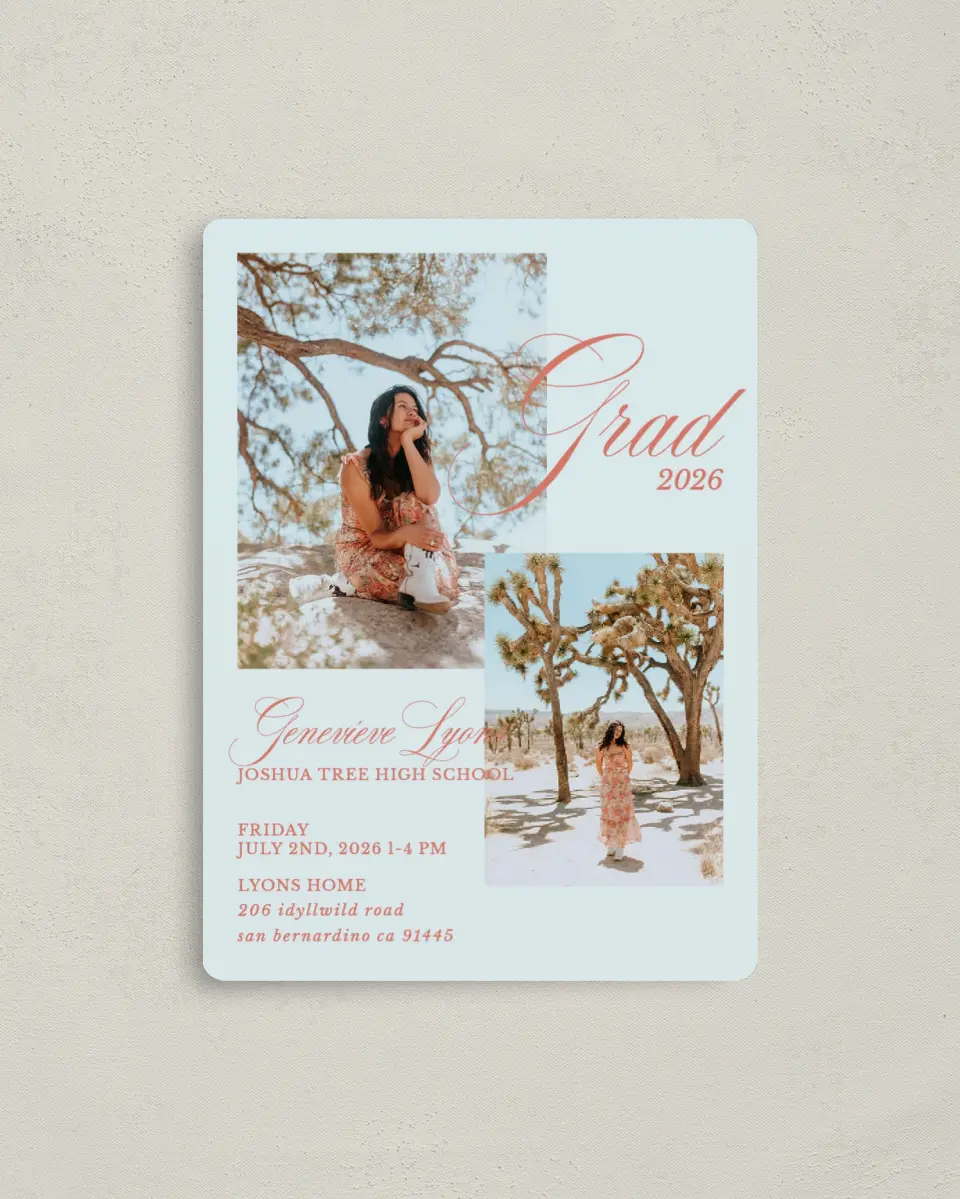 This is a 4" x 5½" Graduation Announcement Magnet called Scripted Accolades printed in full color with a Luxe Satin finish