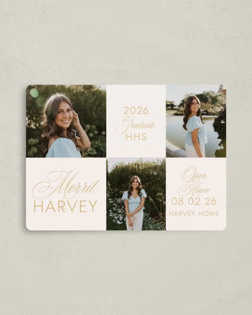This is a 4" x 5½" Graduation Announcement Magnet called Stay Golden printed in full color with a Luxe Satin finish