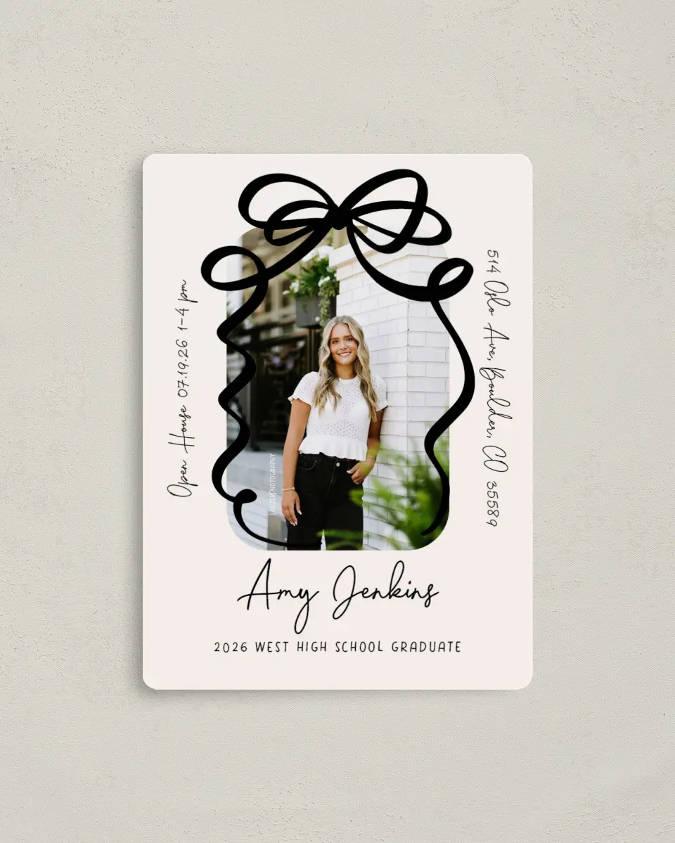 This is a 4" x 5½" Graduation Announcement Magnet called All Tied Up printed in full color with a Luxe Satin finish