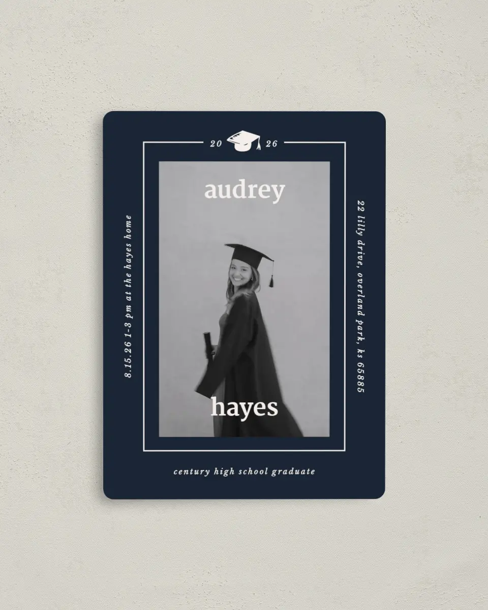 This is a 4" x 5½" Graduation Announcement Magnet called Framed Triumph printed in full color with a Luxe Satin finish