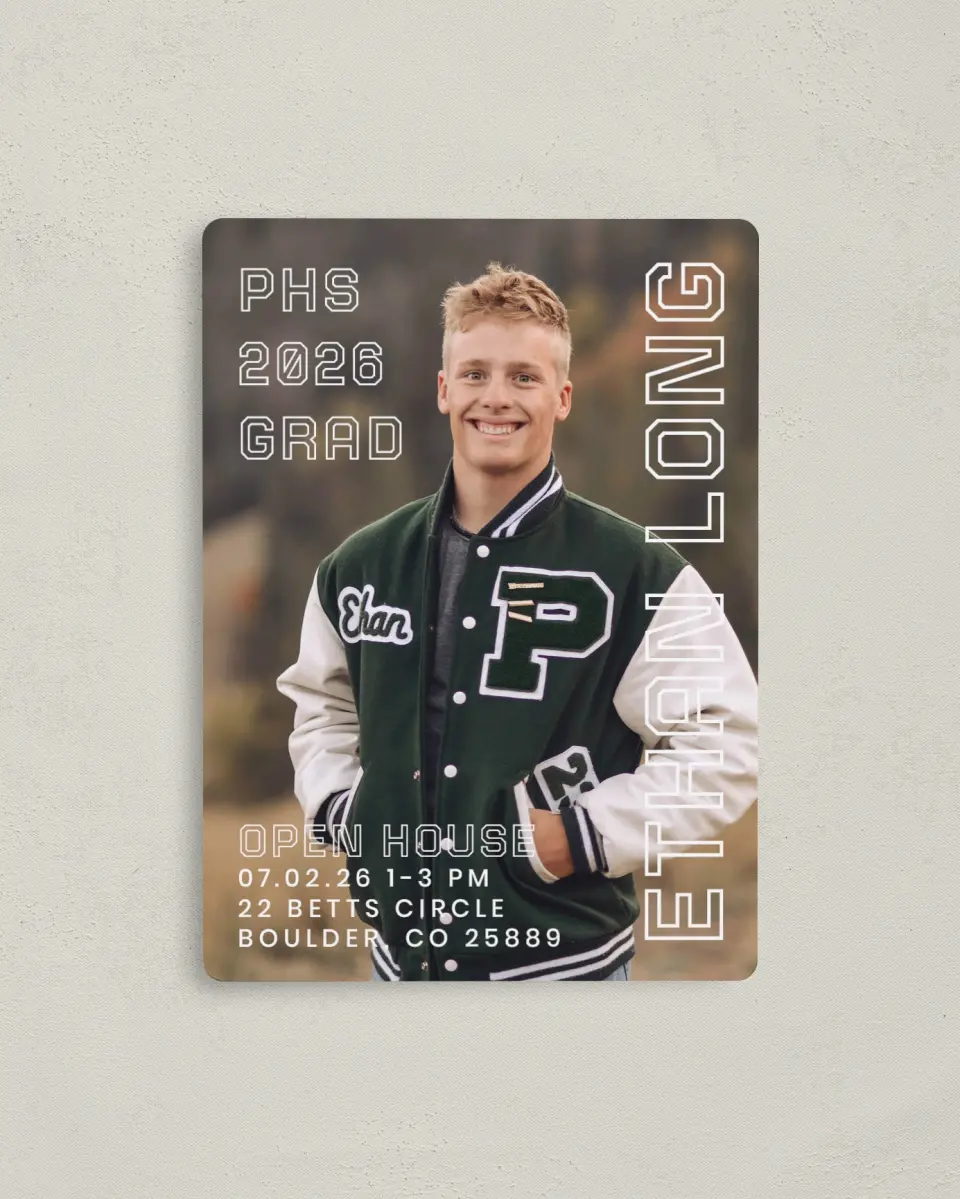 This is a 4" x 5½" Graduation Announcement Magnet called Athletic Achievement printed in full color with a Luxe Satin finish