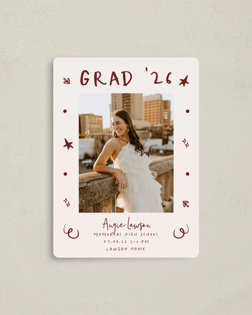 This is a 4" x 5½" Graduation Announcement Magnet called Celebratory Confetti printed in full color with Gold foil and a Luxe Satin finish