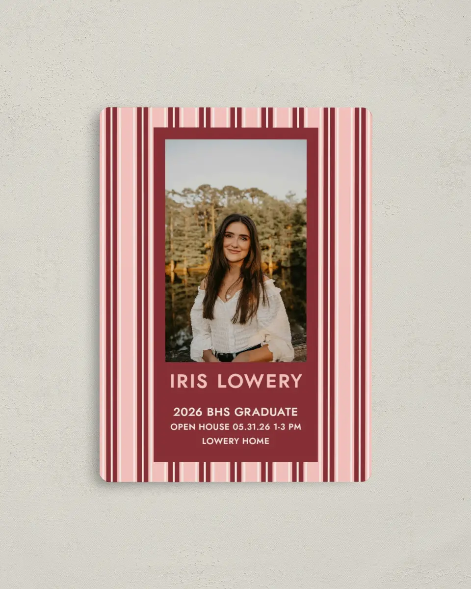 This is a 4" x 5½" Graduation Announcement Magnet called Striped Admiration printed in full color with Gold foil and a Luxe Satin finish