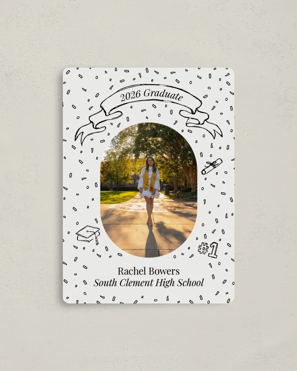 This is a 4" x 5½" Graduation Announcement Magnet called Art of Achievement printed in full color with a Luxe Satin finish