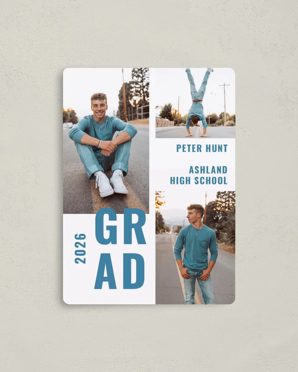 This is a 4" x 5½" Graduation Announcement Magnet called Modern Milestone printed in full color with Gold foil and a Luxe Satin finish