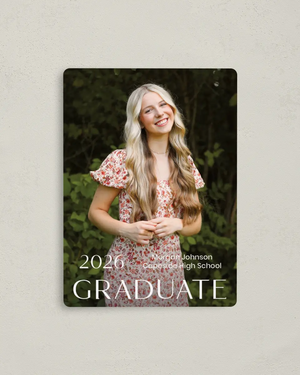 This is a 4" x 5½" Graduation Announcement Magnet called Spotlight Grad printed in full color with Gold foil and a Luxe Satin finish