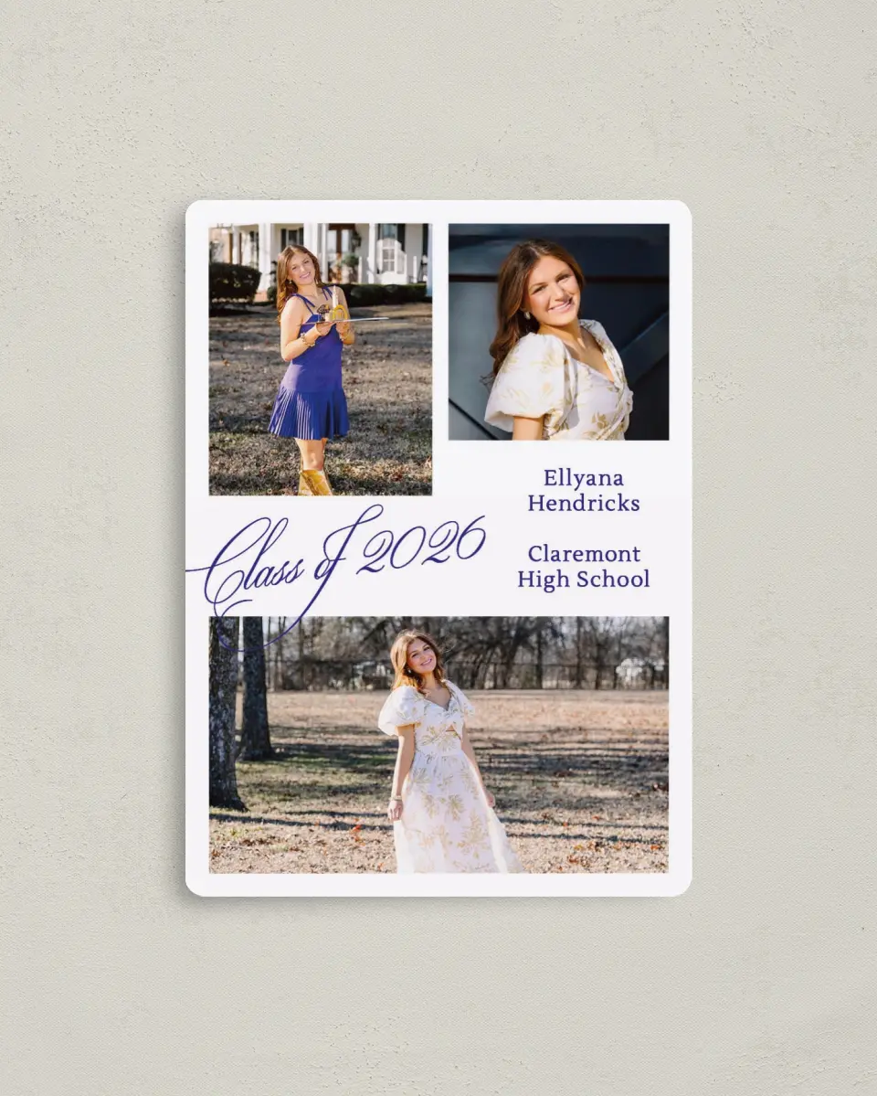 This is a 4" x 5½" Graduation Announcement Magnet called Elegantly Graduated printed in full color with a Luxe Satin finish