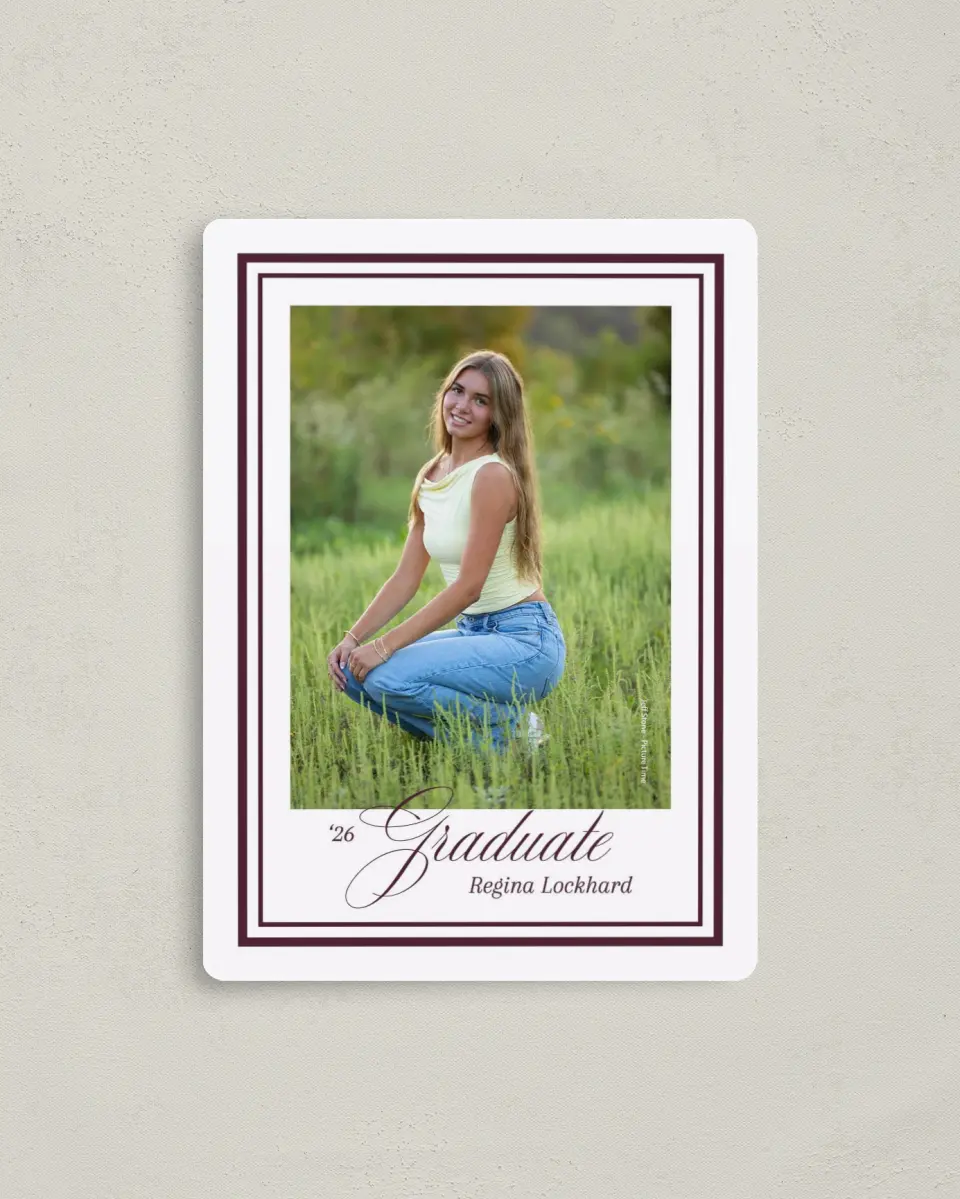 This is a 4" x 5½" Graduation Announcement Magnet called Timeless Frame printed in full color with a Luxe Satin finish