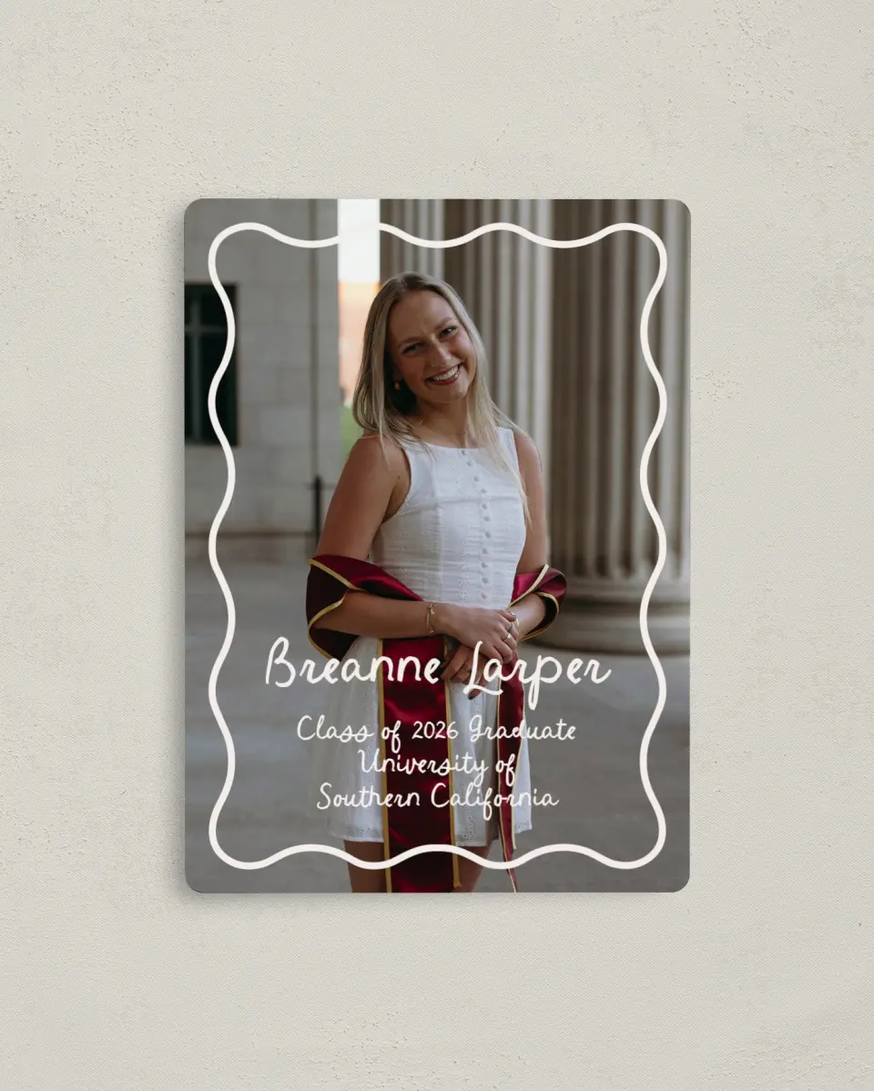 This is a 4" x 5½" Graduation Announcement Magnet called Walking the Stage printed in full color with a Luxe Satin finish