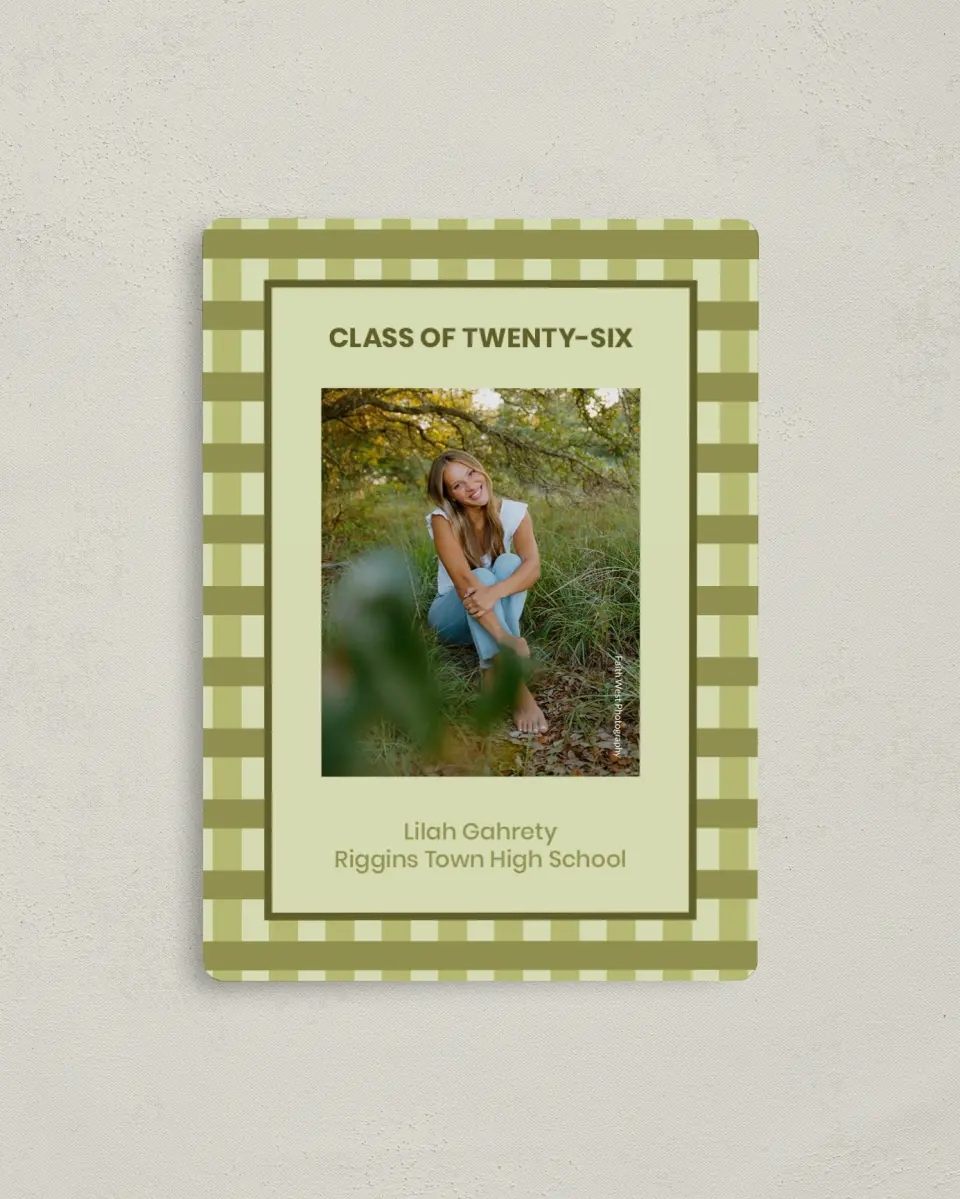 This is a 4" x 5½" Graduation Announcement Magnet called Ivy Bound printed in full color with Gold foil and a Luxe Satin finish