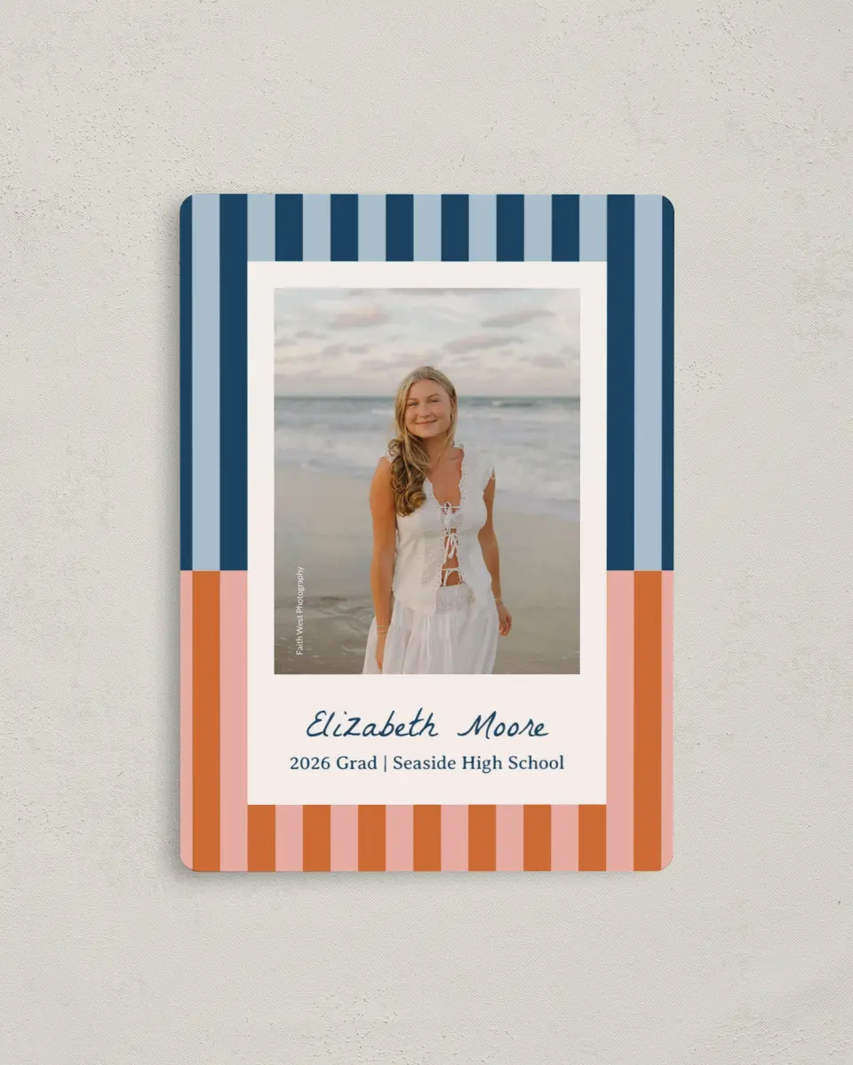 This is a 4" x 5½" Graduation Announcement Magnet called Scholarly Stripes printed in full color with Gold foil and a Luxe Satin finish
