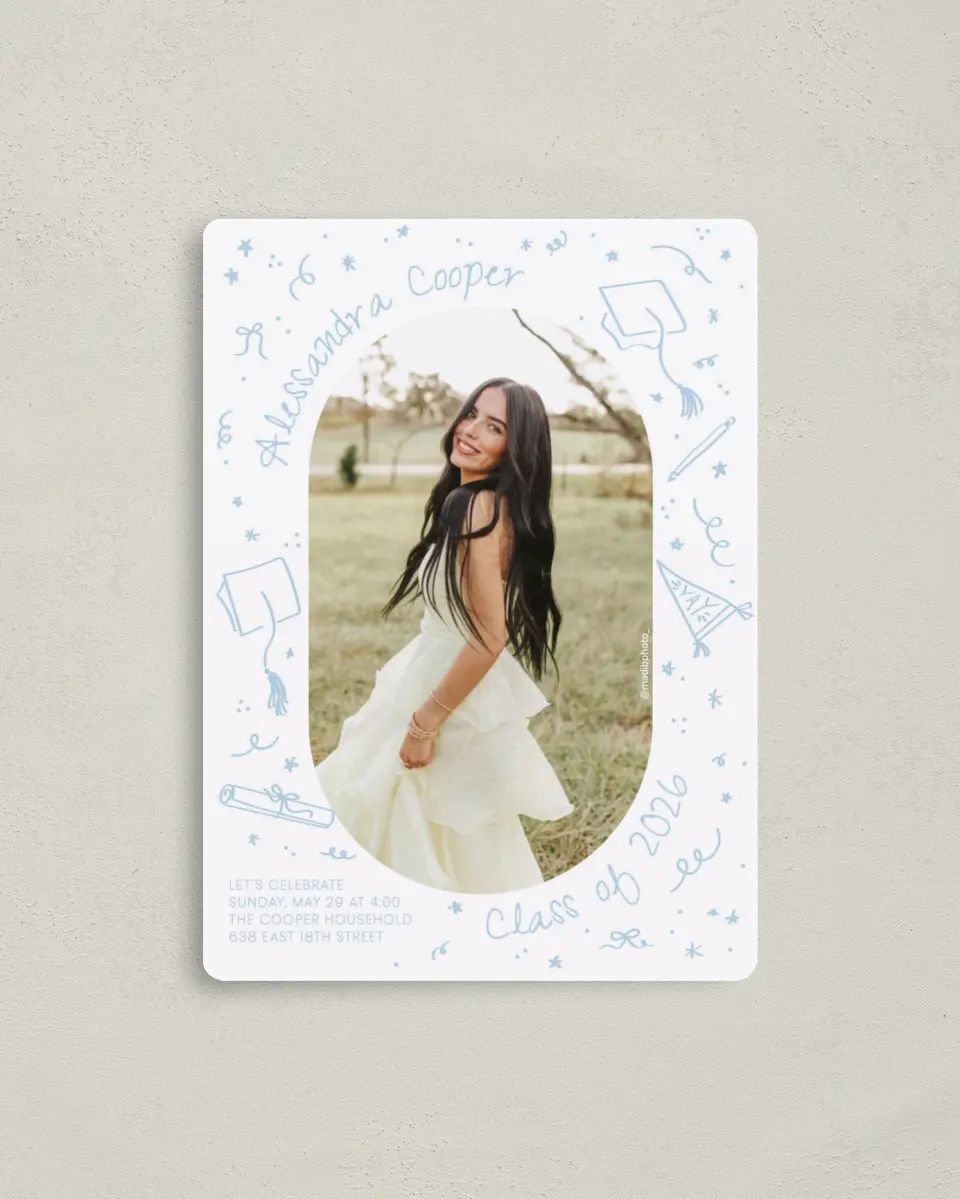 This is a 4" x 5½" Graduation Announcement Magnet called Doodles in the Margin printed in full color with a Luxe Satin finish