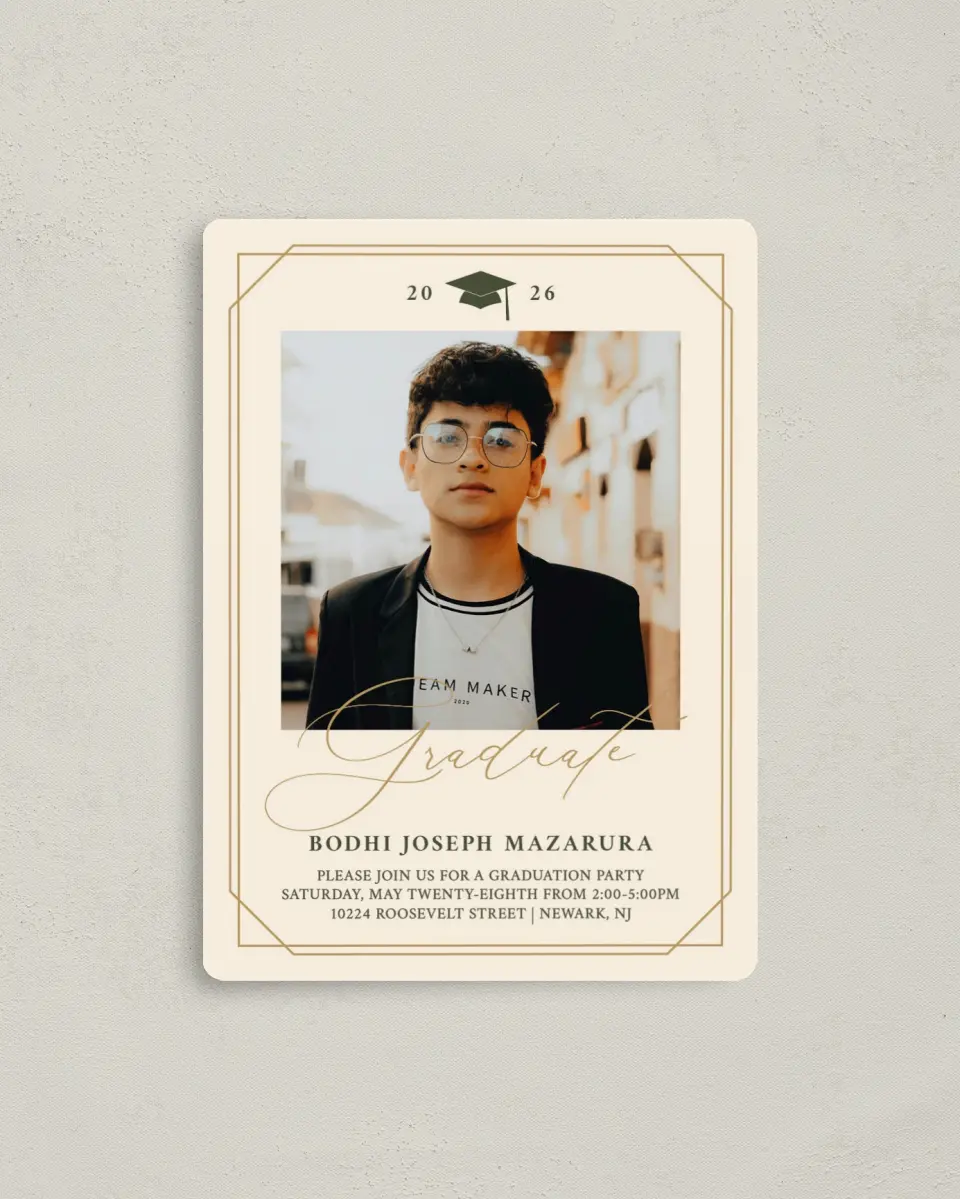 This is a 4" x 5½" Graduation Announcement Magnet called Mature Minimalist printed in full color with a Luxe Satin finish