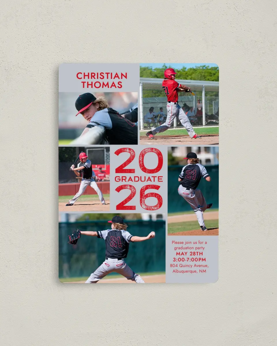 This is a 4" x 5½" Graduation Announcement Magnet called Big Hitter printed in full color with a Luxe Satin finish