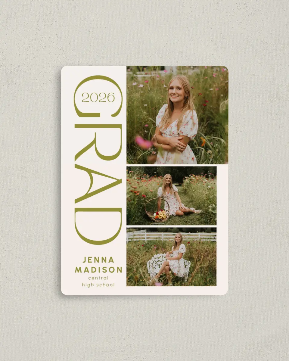 This is a 4" x 5½" Graduation Announcement Magnet called Only the Beginning printed in full color with a Luxe Satin finish
