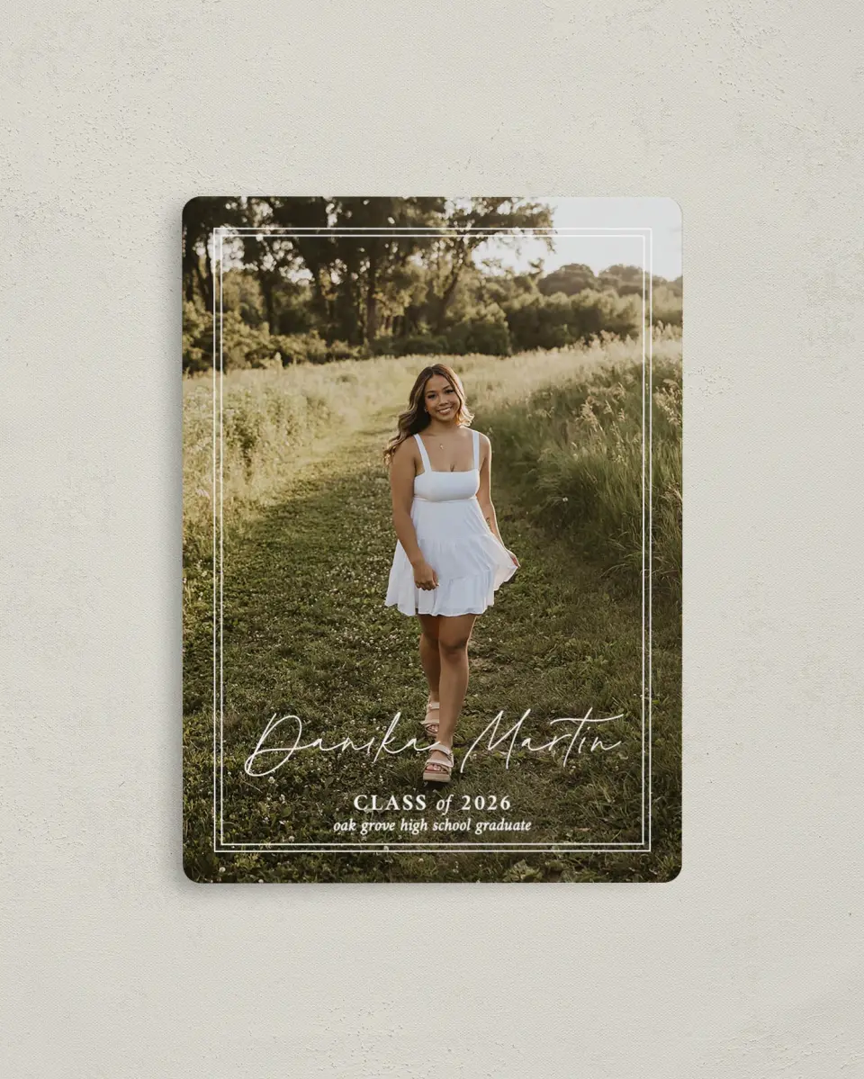 This is a 4" x 5½" Graduation Announcement Magnet called Monumental Moment printed in full color with a Luxe Satin finish
