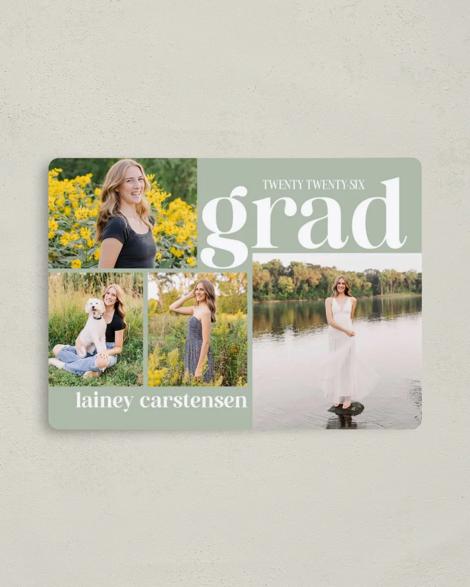 This is a 4" x 5½" Graduation Announcement Magnet called Sweet Smiles printed in full color with a Luxe Satin finish