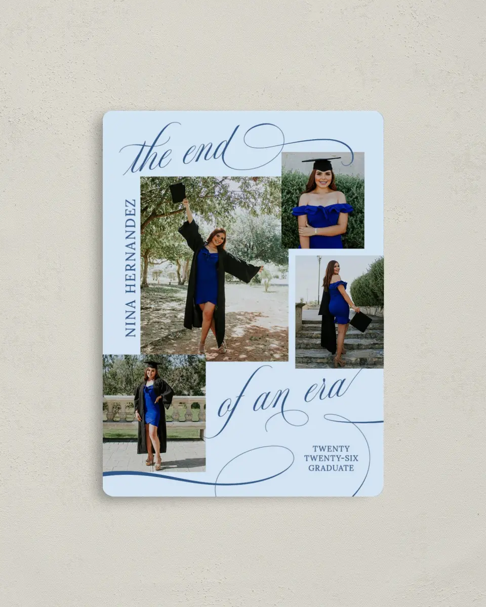 This is a 4" x 5½" Graduation Announcement Magnet called The End of an Era printed in full color with a Luxe Satin finish