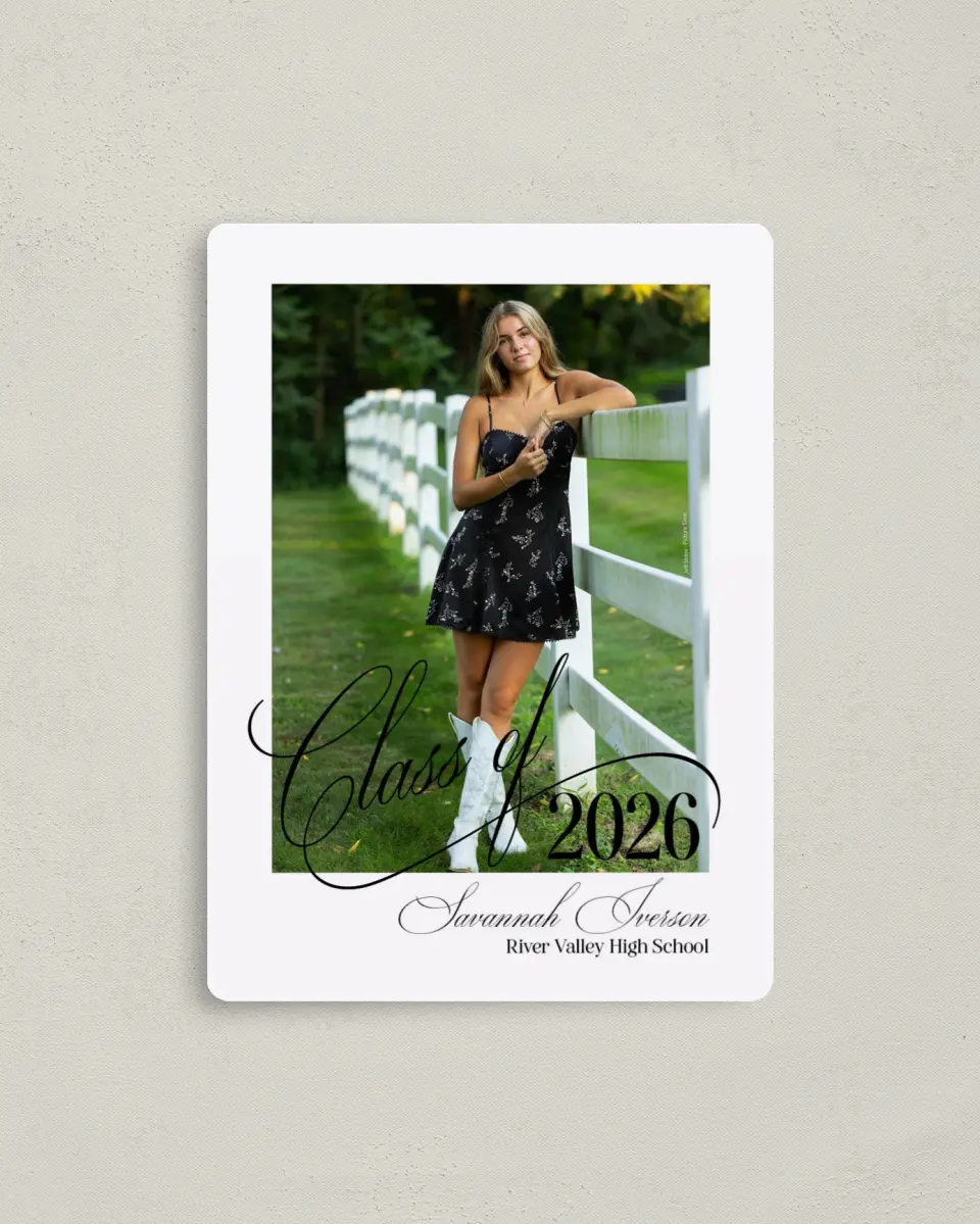 This is a 4" x 5½" Graduation Announcement Magnet called Smart & Classy printed in full color with a Luxe Satin finish