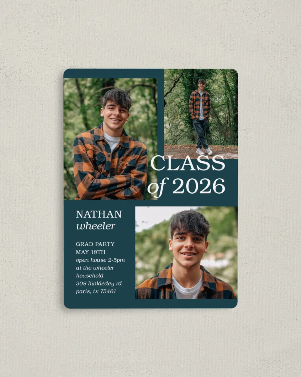 This is a 4" x 5½" Graduation Announcement Magnet called Sky's the Limit printed in full color with a Luxe Satin finish