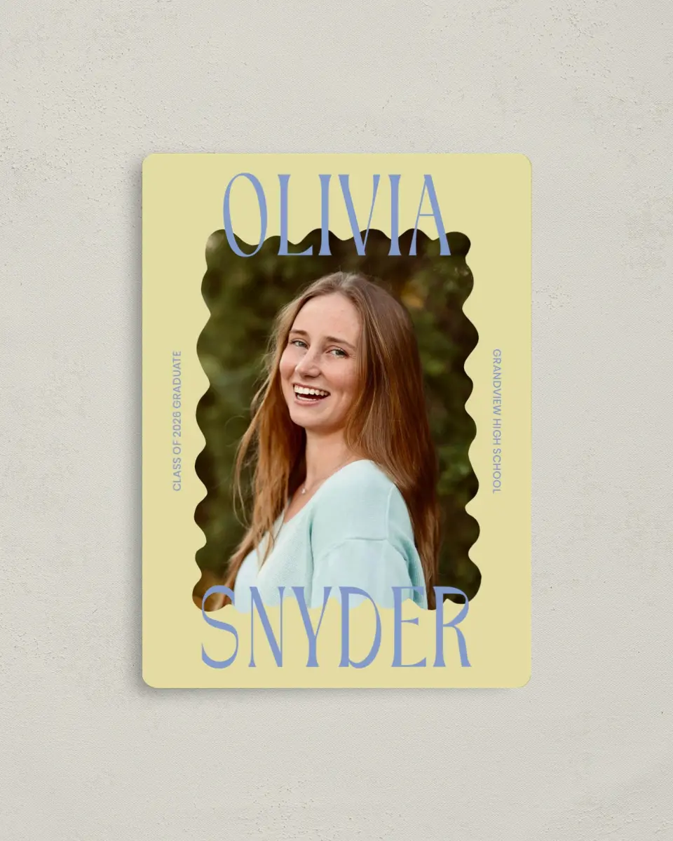 This is a 4" x 5½" Graduation Announcement Magnet called Funky Colorful Cute printed in full color with a Luxe Satin finish