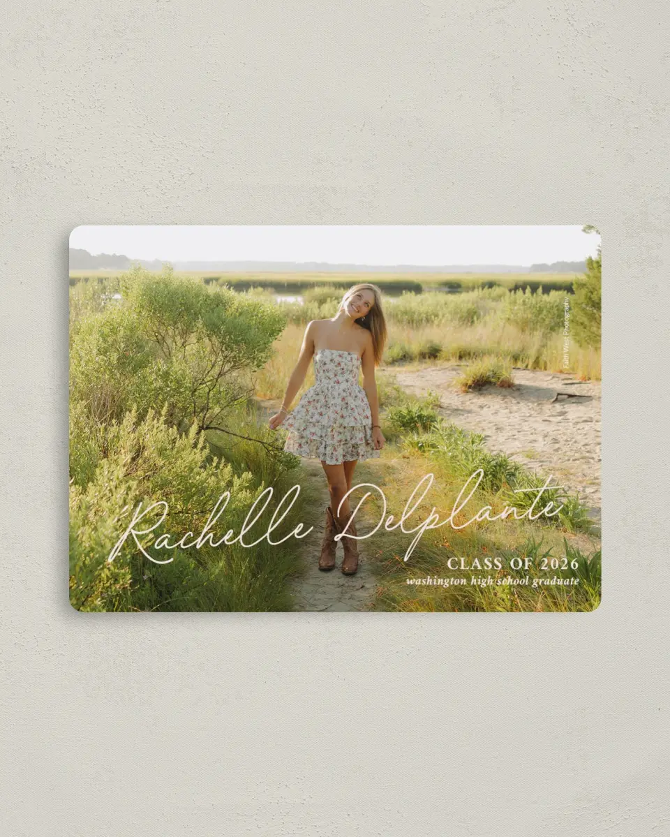This is a 4" x 5½" Graduation Announcement Magnet called Wholesome Grad printed in full color with a Luxe Satin finish