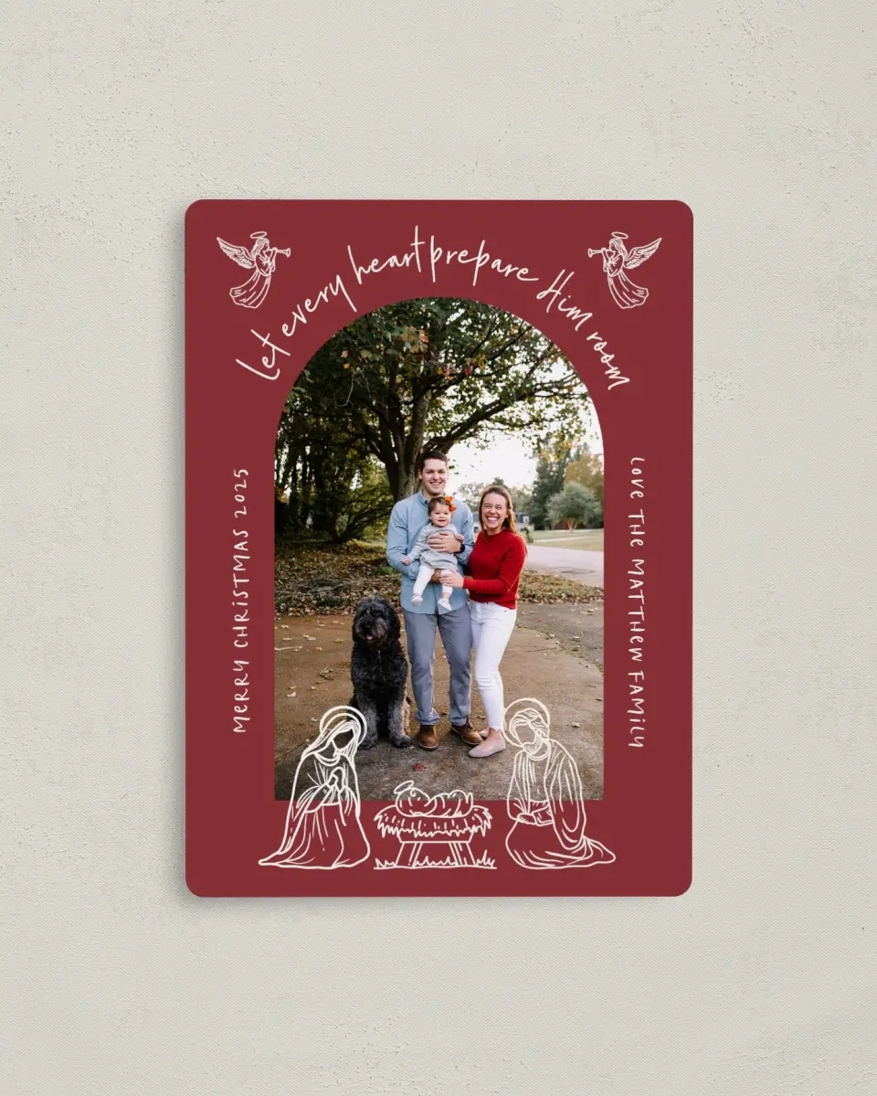 This is a 4" x 5½" Christmas Card called Let Every Heart printed in full color with Silver foil and a Luxe Satin finish