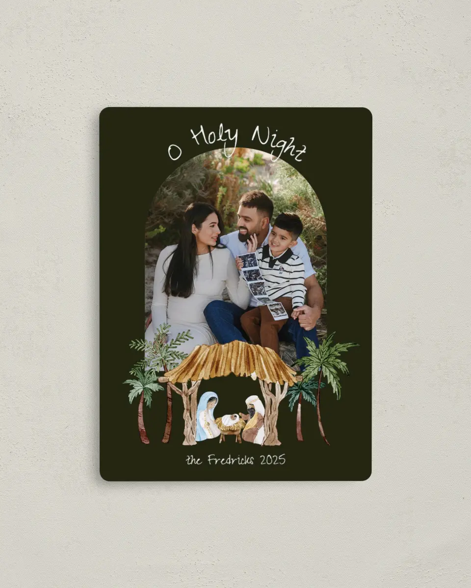 This is a 4" x 5½" Christmas Card called O Holy Night printed in full color with Silver foil and a Luxe Satin finish