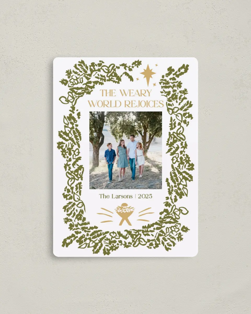 This is a 4" x 5½" Christmas Card called Weary World Rejoices printed in full color with Silver foil and a Luxe Satin finish
