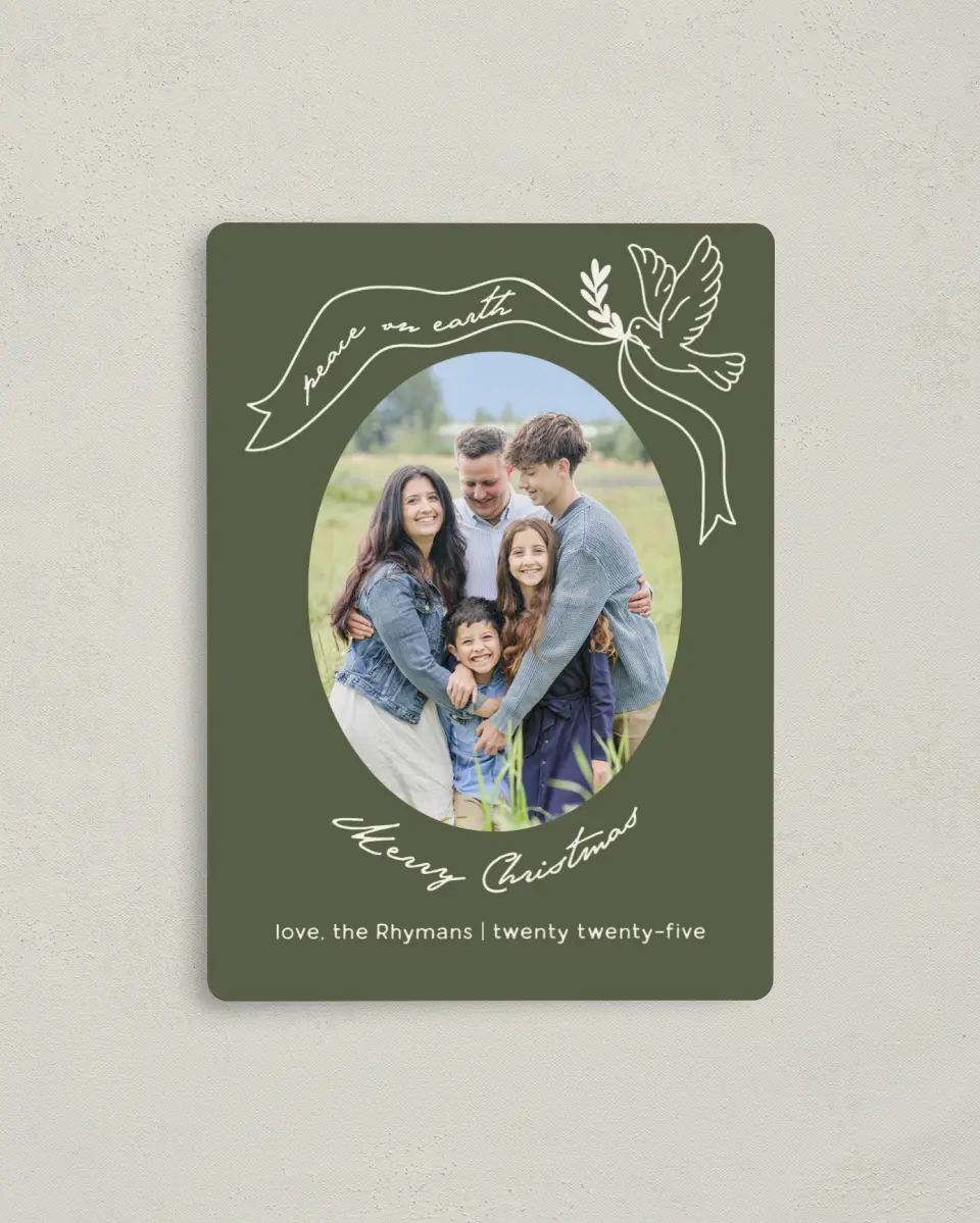 This is a 4" x 5½" Christmas Card called Peace Be Still printed in full color with Silver foil and a Luxe Satin finish