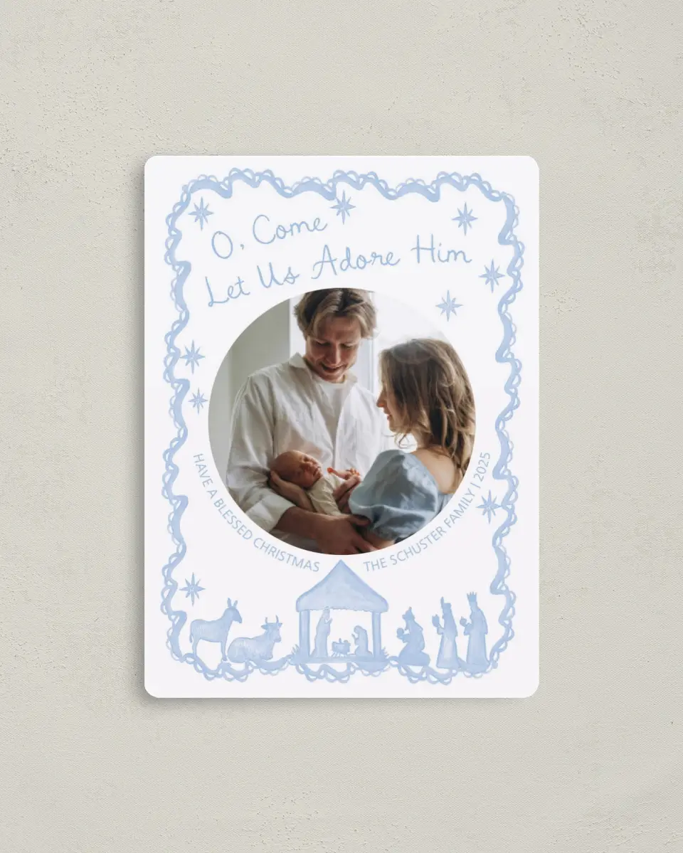 This is a 4" x 5½" Christmas Card called Let Us Adore Him printed in full color with Silver foil and a Luxe Satin finish