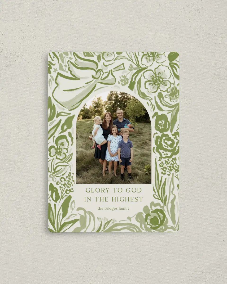 This is a 4" x 5½" Christmas Card called Angelic Blossoms printed in full color with a Luxe Satin finish