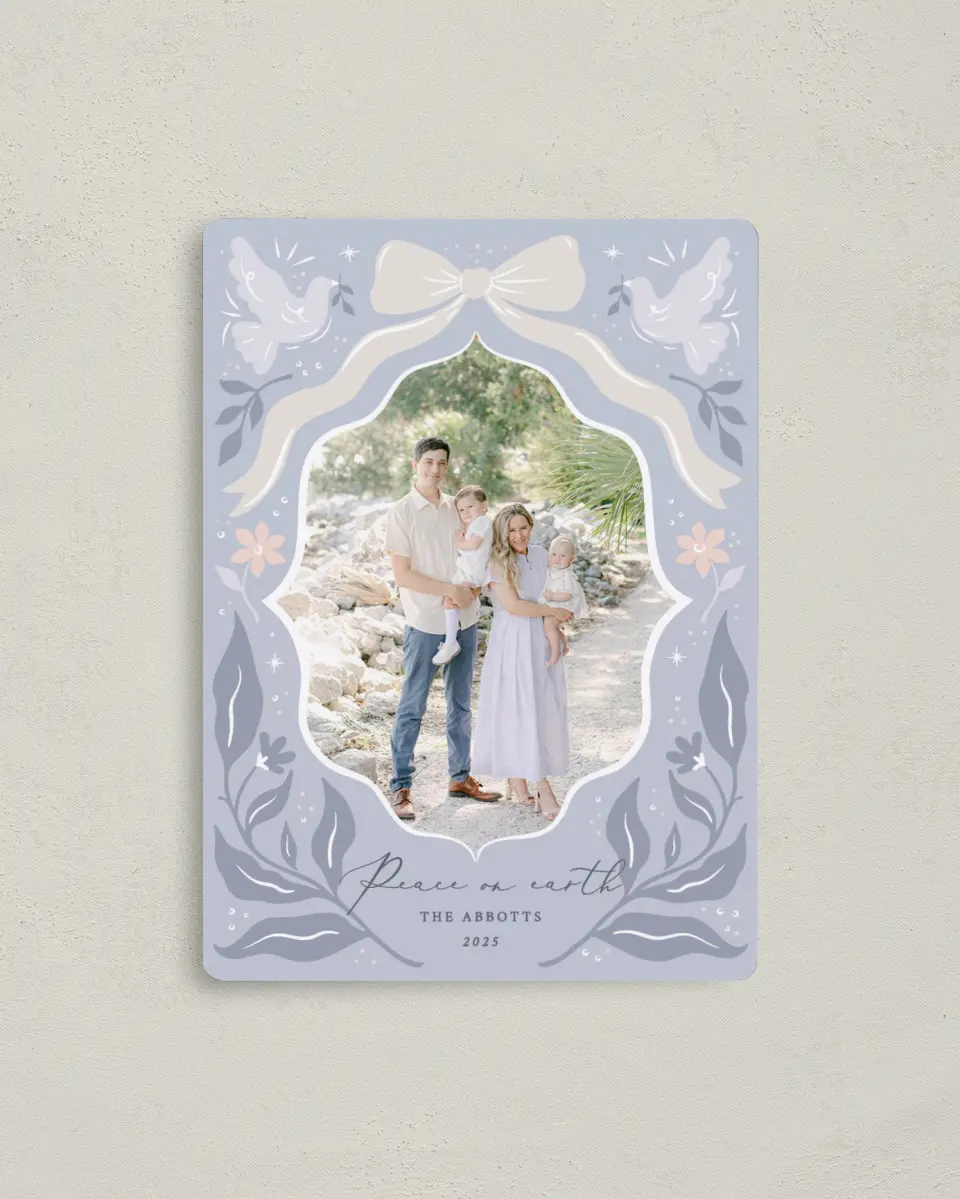 This is a 4" x 5½" Christmas Card called Heavenly Peace printed in full color with Silver foil and a Luxe Satin finish