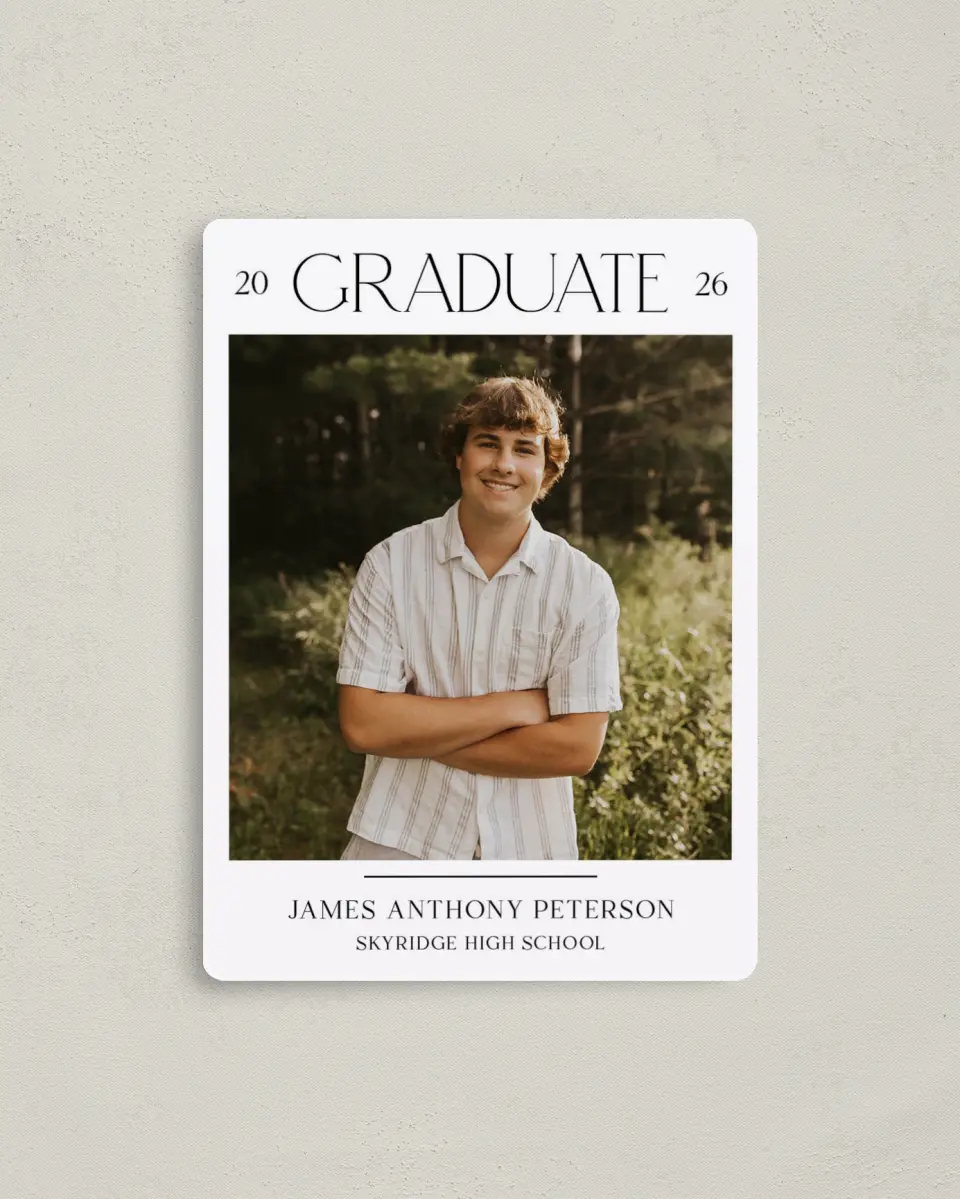 This is a 4" x 5½" Graduation Announcement Magnet called Most Classic printed in full color with Gold foil and a Luxe Satin finish
