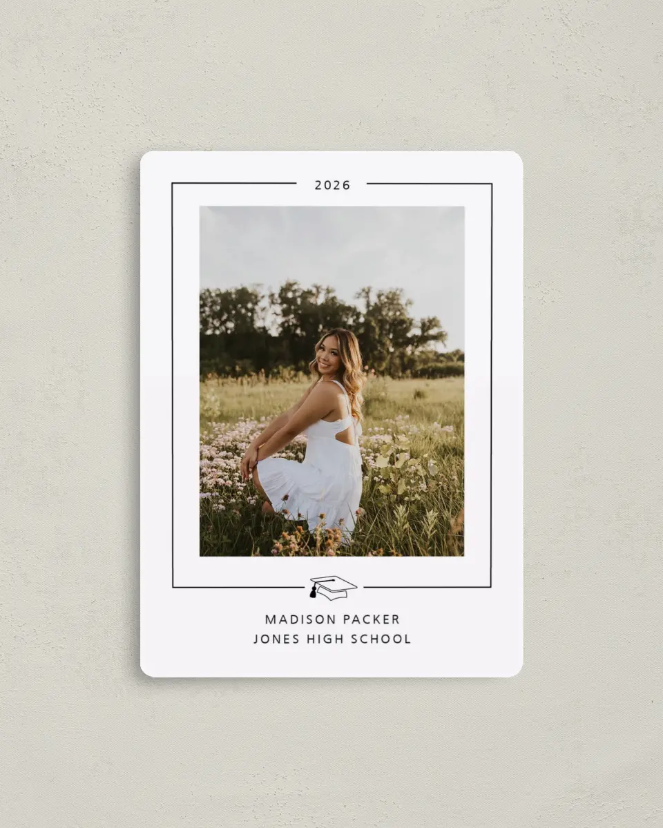 This is a 4" x 5½" Graduation Announcement Magnet called Modern Grad printed in full color with Gold foil and a Luxe Satin finish