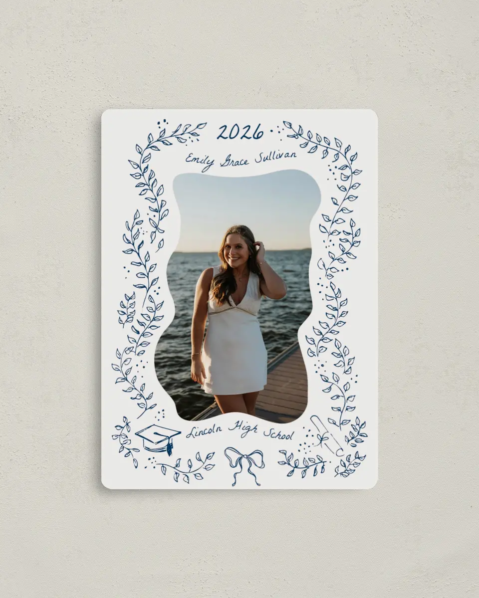 This is a 4" x 5½" Graduation Announcement Magnet called Whimsical Grad printed in full color with Gold foil and a Luxe Satin finish