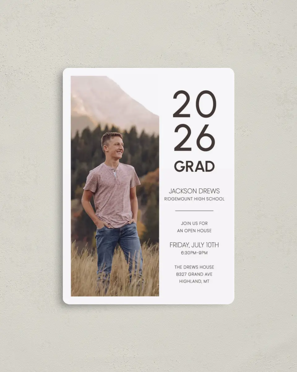 This is a 4" x 5½" Graduation Announcement Magnet called Simple Graduate printed in full color with Gold foil and a Luxe Satin finish