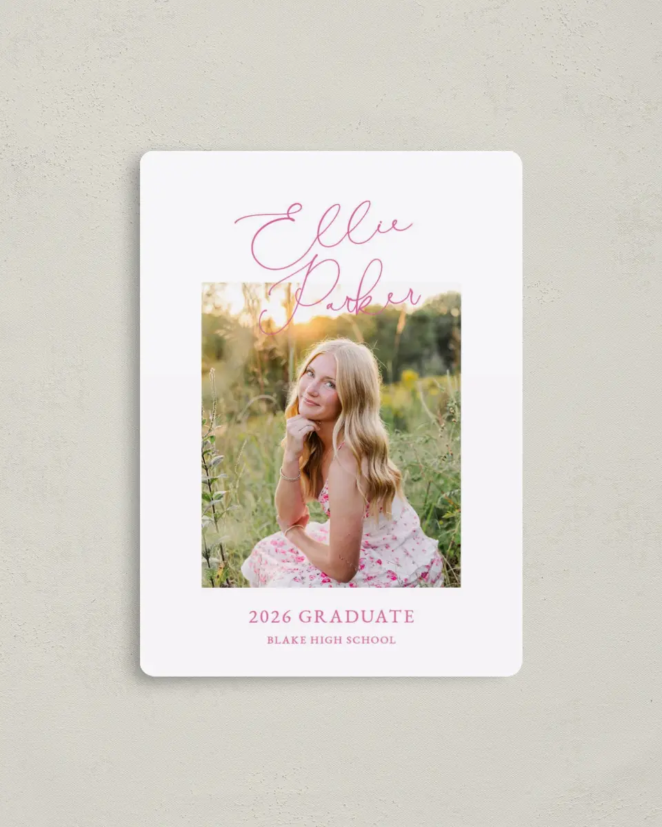 This is a 4" x 5½" Graduation Announcement Magnet called Script Grad printed in full color with a Luxe Satin finish