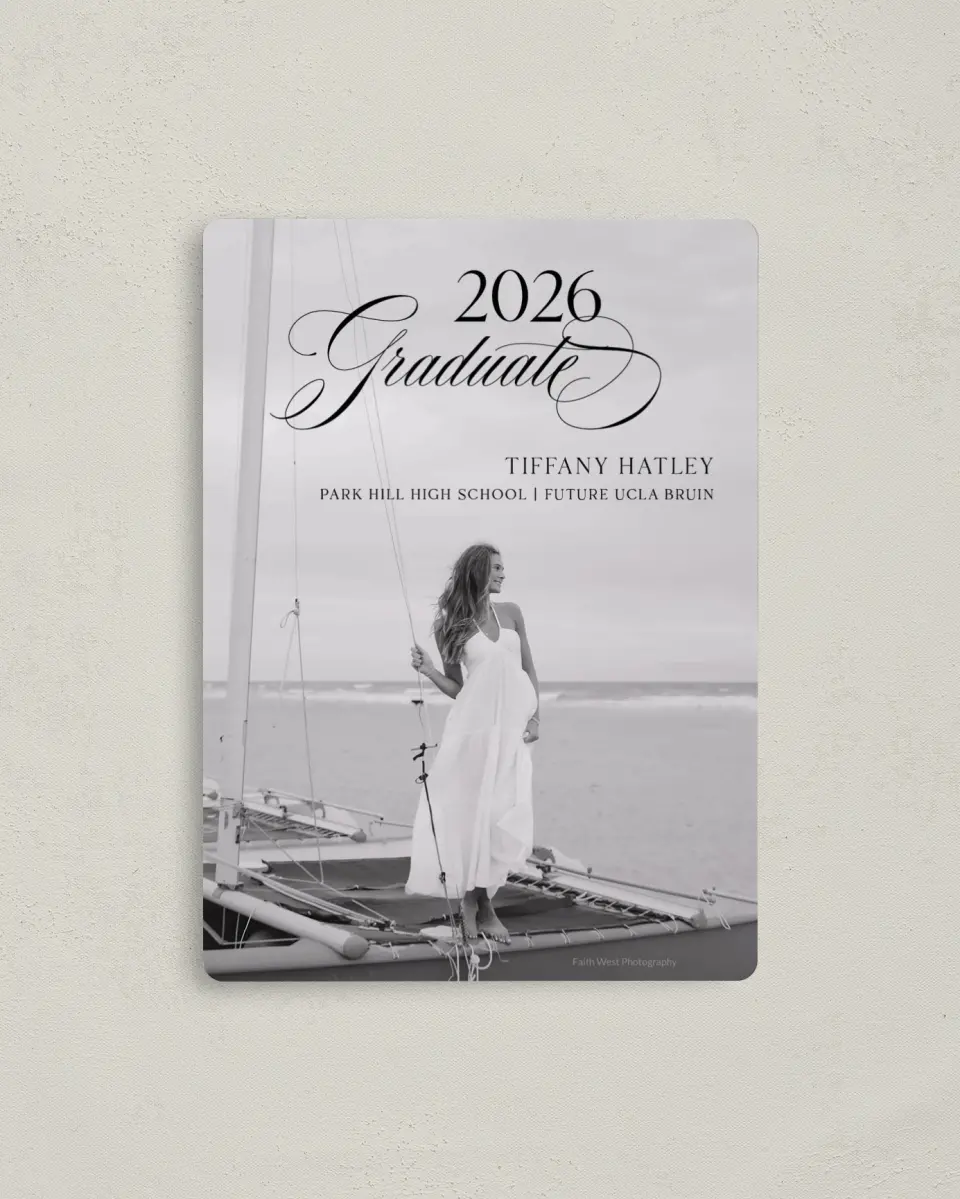 This is a 4" x 5½" Graduation Announcement Magnet called Graduate Script printed in full color with a Luxe Satin finish