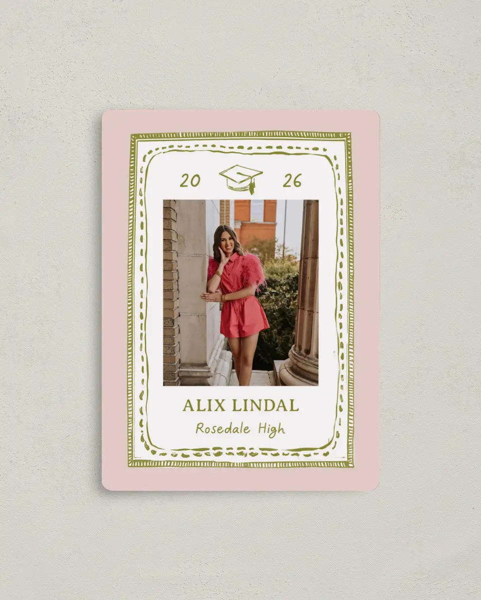 This is a 4" x 5½" Graduation Announcement Magnet called Grad Frame Art printed in full color with Gold foil and a Luxe Satin finish
